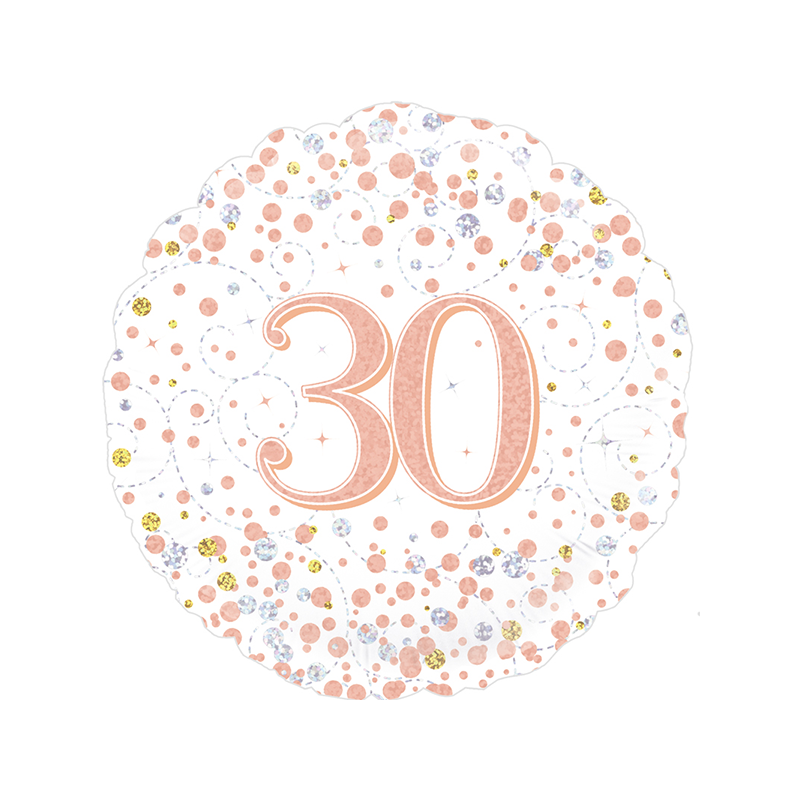 18'' 30Th Sparkling Fizz Birthday White & Rose Gold Holographic  Round Foil Balloon