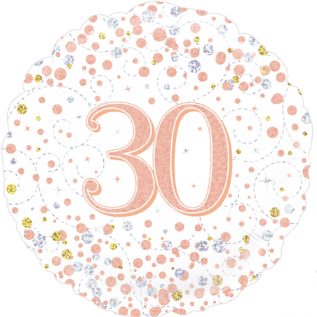 Balão Foil Redondo 18'' 30Th Sparkling Fizz Birthday White & Rose Gold Holographic