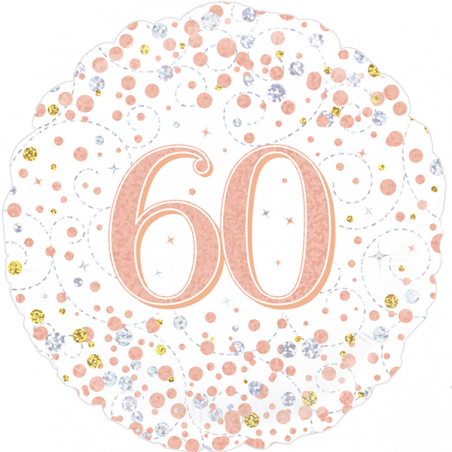 18'' 60Th Sparkling Fizz Birthday White & Rose Gold Holographic  Round Foil Balloon