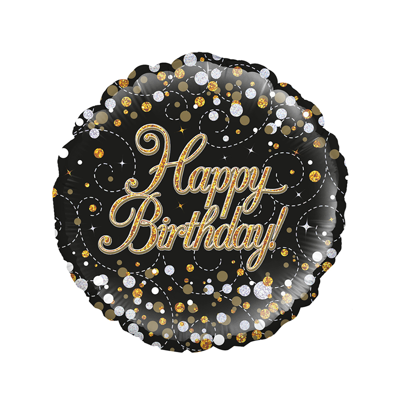 Balão Foil Redondo 18'' Sparkling Fizz Birthday Black & Gold Holographic
