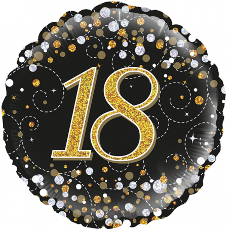 18'' 18Th Sparkling Fizz Birthday Black & Gold Holographic Round Foil Balloon
