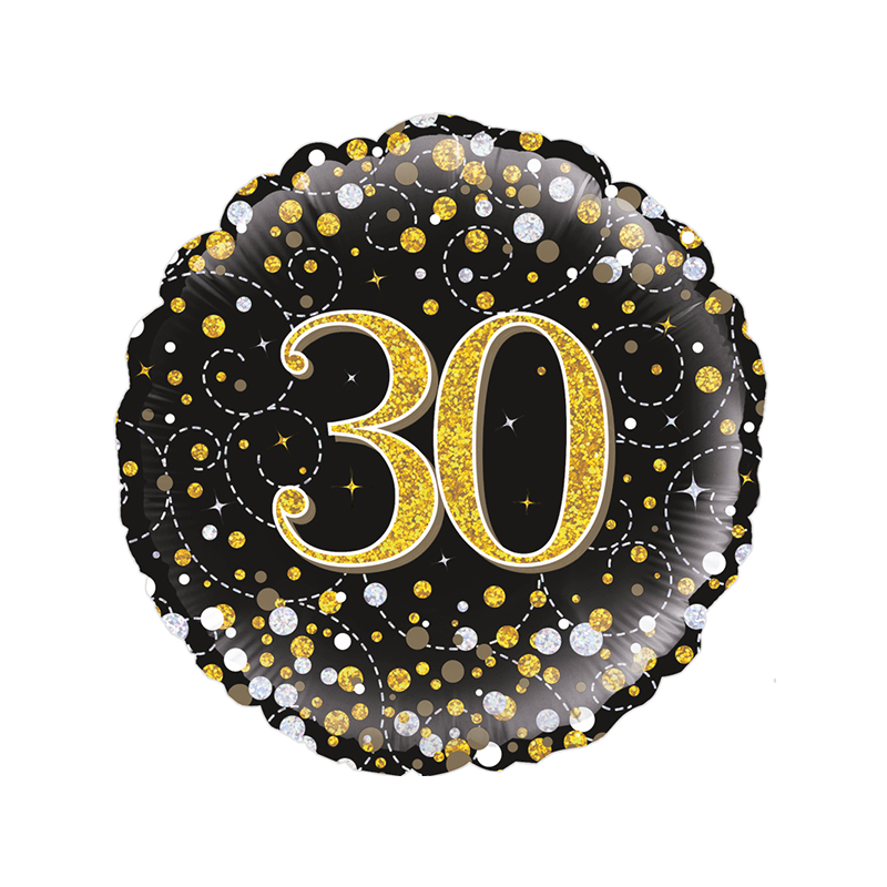 18'' 30Th Sparkling Fizz Birthday Black & Gold Holographic Round Foil Balloon