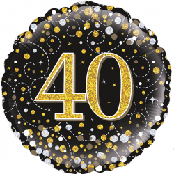 18'' 40Th Sparkling Fizz Birthday Black & Gold Holographic Round Foil Balloon