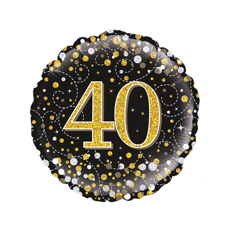 Balão Foil Redondo 18'' 40Th Sparkling Fizz Birthday Black & Gold Holographic