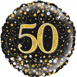 Balão Foil Redondo 18'' 50Th Sparkling Fizz Birthday Black & Gold Holographic