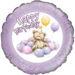 18'' Cute Bear Happy Birthday Lilac Round Foil Balloon