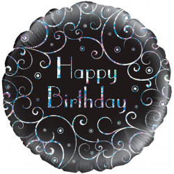 18'' Birthday Black Swirls Holographic  Round Foil Balloon