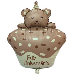Balão Foil Muffin Chocolate com Urso Feliz Aniversário