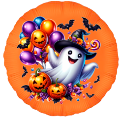 Globo de Foil 18'' Redondo Halloween – Fantasma Encantado con Globos de Colores y Calabazas