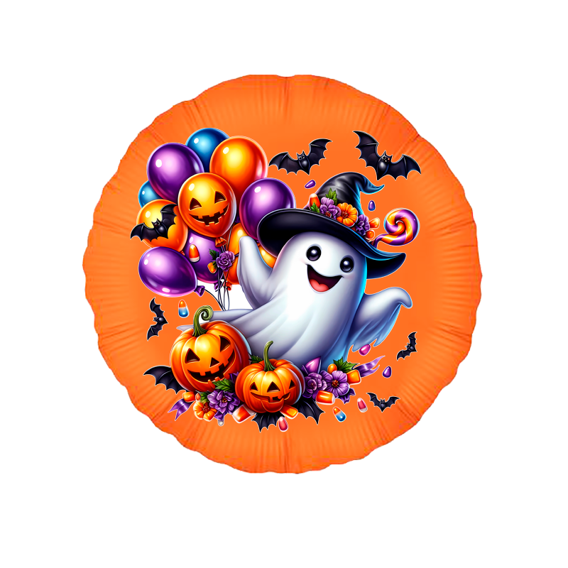 18'' Round Foil Halloween Balloon – Enchanted Ghost with Colorful Balloons & Pumpkins