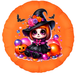 Globo de Foil 18'' Redondo Halloween – Brujita Vintage Encantada Naranja (Edición Temática)