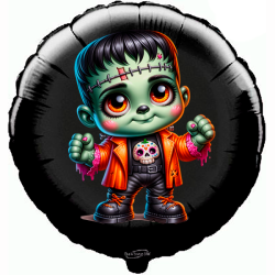 18-inch round foil balloon featuring a cute cartoon Frankenstein monster with an orange jacket and skull t-shirt