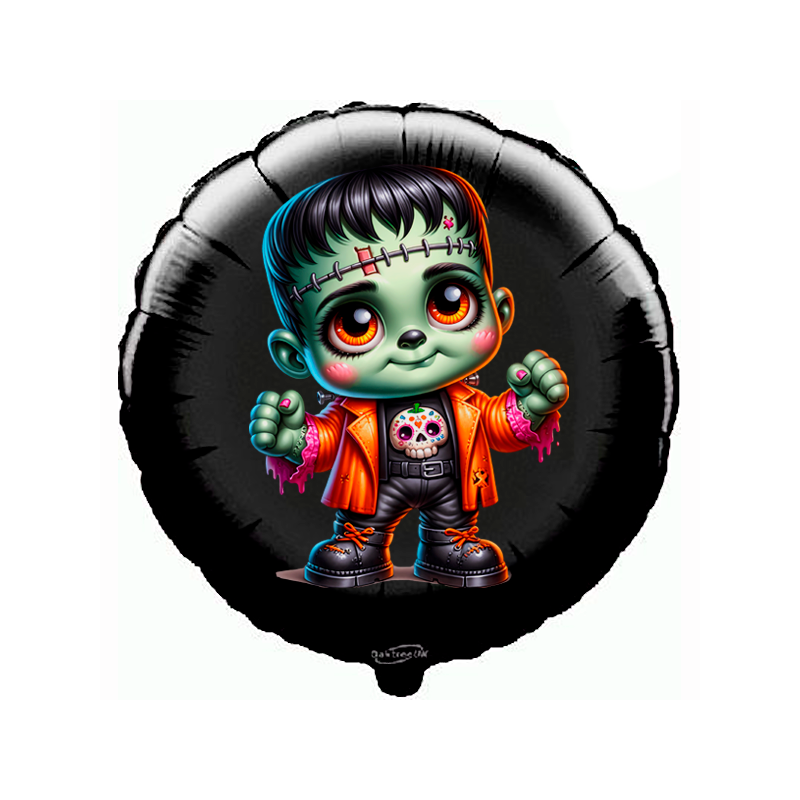 18-inch round foil balloon featuring a cute cartoon Frankenstein monster with an orange jacket and skull t-shirt