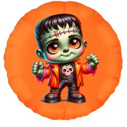Balão foil redondo de 18 polegadas com ilustração de monstro Frankenstein infantil fofo com casaco laranja e t-shirt de caveira
