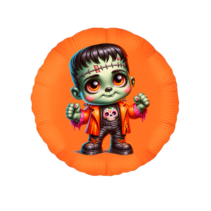 18-inch round foil balloon featuring a cute cartoon Frankenstein monster with an orange jacket and skull t-shirt