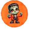 18-inch round foil balloon featuring a cute cartoon Frankenstein monster with an orange jacket and skull t-shirt
