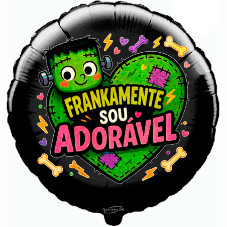 Balão foil redondo preto de 18 polegadas com o monstro Frankenstein um coração verde e a frase "Frankamente Sou Adorável"